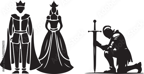 Fotografía Medieval Royal Court Silhouette Art - King, Queen, and Kneeling Knight with Swor