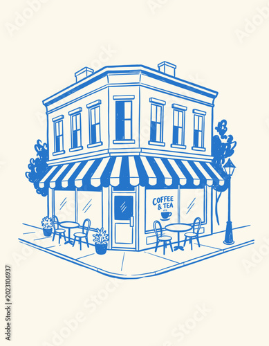 Obraz na płótnie Vintage coffee shop sketch, blue ink cafe illustration, corner bistro architectu