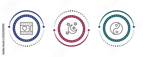 Foto outline shapes icons set - film strip with heart, moon and stars, yin and yang
