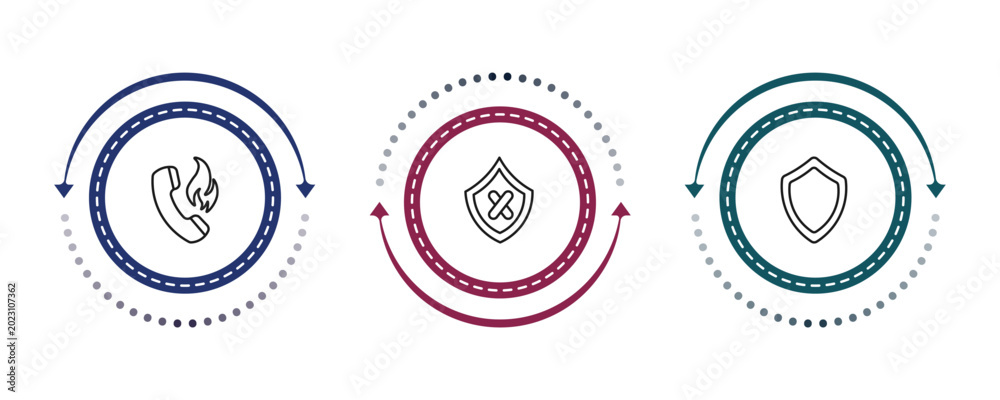 Fototapeta premium outline security icons set - fire phone, unsecure, black shield. editable vector for web and mobile ui