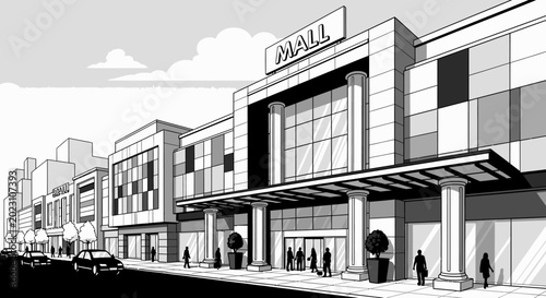 Modern shopping mall building exterior illustration in monochrome