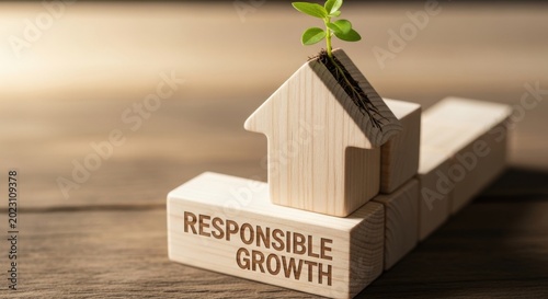Responsible growth symbolizes progress and a new beginning with a seedling sprouting from a wooden house shape on ascending blocks.