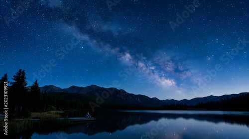 Milky way galaxy over a serene lake at night