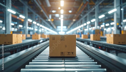 Industrial warehouse with conveyor belts moving cardboard shipping boxes