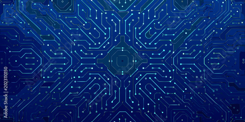 Quadro su tela Symmetrical blue circuit board pattern with intricate lines and electronic conne