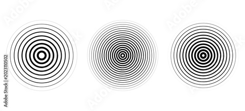 Black concentric circle set. Sonar or sound wave ring collection. Dotted and linear epicentre, target, radar icon concept. Ripple radial signal or vibration elements. Vector line and halftone symbols