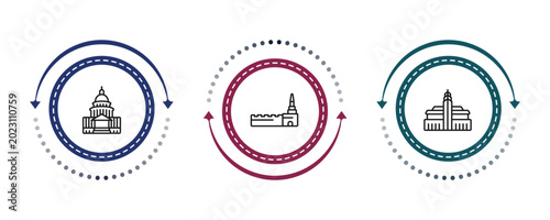 Tableau sur toile outline monuments icons set - united states capitol, moscow, hassan mosque