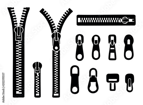 Zipper elements collection showing open and closed fasteners, different pullers, sliders, and zip components for fashion industry