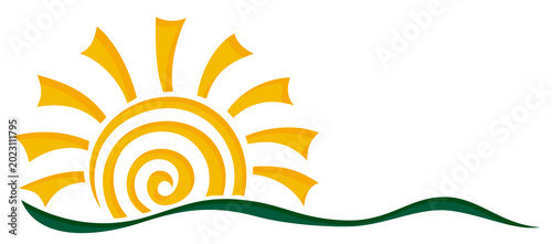 Symbol of the dawn sun with blue wave.
