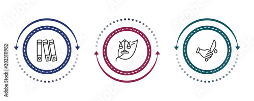 Photos outline law and justice icons set - practise areas, environmental law, murder