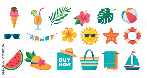 Summer vacation icons set with tropical beach elements and sale symbols