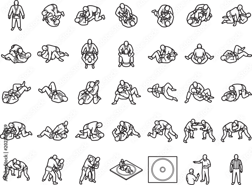 Fototapeta premium A comprehensive illustrated guide showcases a variety of judo techniques, from standing throws to ground grappling maneuvers, designed to enhance the practice of martial arts.