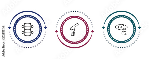 Photos outline human body parts icons set - spine bone, kneecap, sweat or tear drop
