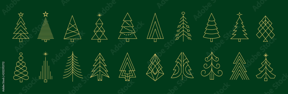 Fototapeta premium Modern geometric Christmas tree line icon set, minimalist holiday pine collection, luxury gold outline vector elements for festive winter design