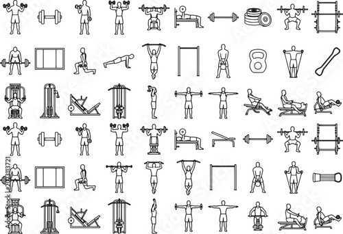 A series of illustrative fitness icons in a monochrome arrangement, demonstrating a variety of workout positions, fitness equipment, and gym exercises.