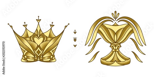 Foto Golden tarot symbols the empress crown major arcana, cup illustration