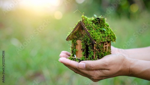 Sustainable Green Living Concept with Eco House in Hands