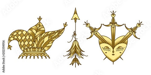 Golden tarot symbols the fool major arcana, arrows motif and three of swords card illustration