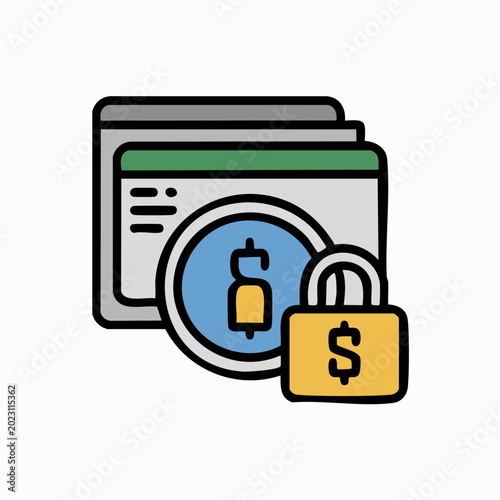 Secure dollar gateway icon with multiple browser tabs and padlock for financial transaction.