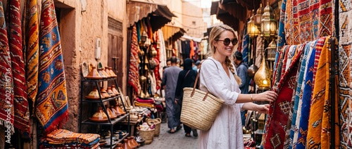 Woman traveler exploring traditional moroccan market street while shopping for colorful handmade rugs and pottery in ancient medina