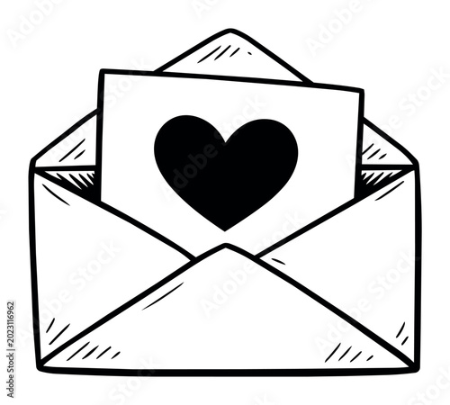 Opened envelope revealing a note with a black heart, symbolising romantic communication, affection, and special deliveries