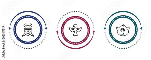 Foto outline fairy tale icons set - dwarf, harpy, cyclops