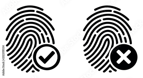 Fingerprint icons illustrating successful verification and denied authentication, representing biometric security and access control systems