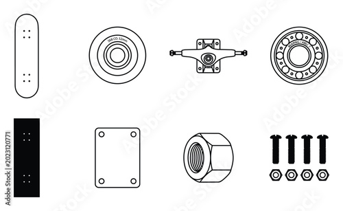Skateboard components collection line icons set isolated on white background vector.