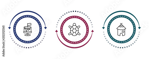 Photography outline culture icons set - cake with a flag, surfing a sea turtle, mud hut