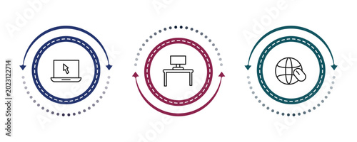 Photography outline computer icons set - open laptop on, work station, surfing the net