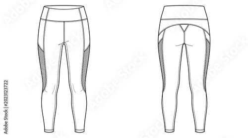 Women Gym Leggings Technical Flat Vector Front Back View High Waist Compression Mesh Panel Sportswear CAD Template