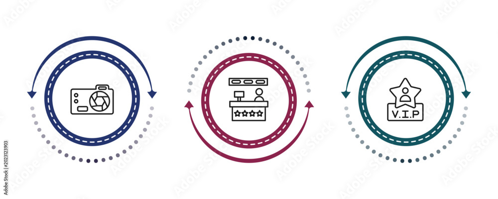 Obraz premium outline cinema icons set - dslr camera, cinema snack bar, vip person. editable vector for web and mobile ui