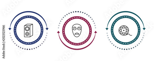 Photos outline cinema icons set - loud woofer box, sad mask, movie roll