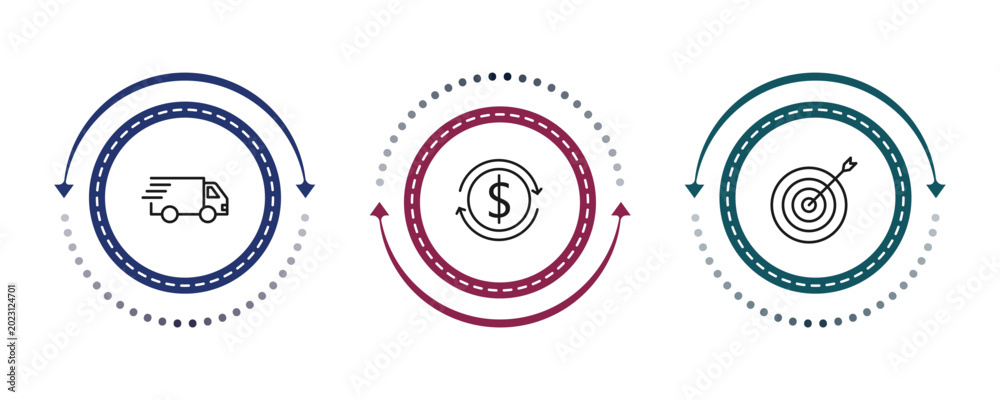 Fototapeta premium outline business icons set - logistic, return of investment, circular target. editable vector for web and mobile ui