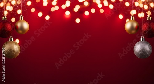 Gold and silver Christmas ornaments hanging on festive string lights against red background