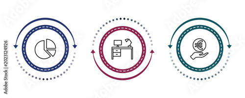 Schilderij op canvas outline business icons set - pie chart statistics, work table, euro coin on hands