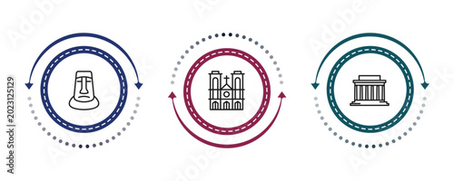 Photos outline buildings icons set - rapa nui, notre dame, lincoln memorial