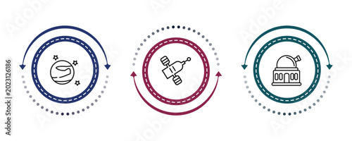 Quadro su tela outline astronomy icons set - mars with satellite, inclined satellite, planetarium