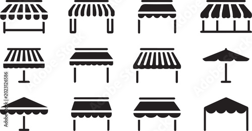 Shop awning and beach umbrella silhouette icon set vector
