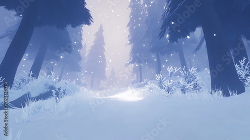 Snowy forest path, winter snowfall, background light, game asset