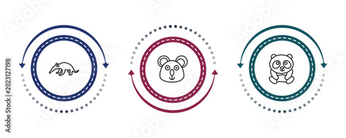 Photography outline animals icons set - ant eater, koala, panda