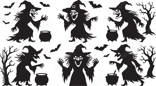 Foto Halloween Witch Silhouette and Cauldron Vector Set