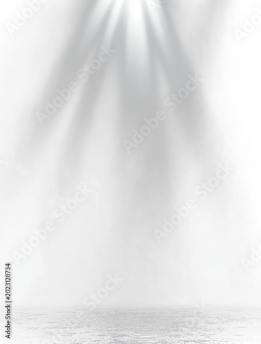Dramatic white spotlight beams shining down on a dark reflective surface.