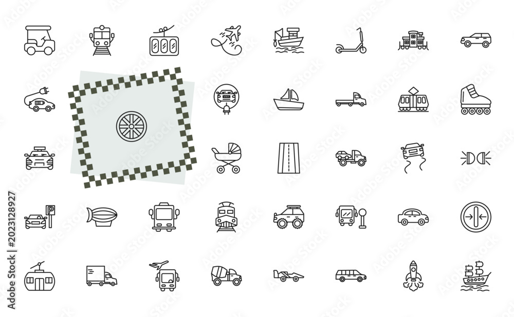 Obraz premium outline transport icons set - golf cart, train front view, wrecker, slim. editable vector for web and mobile ui