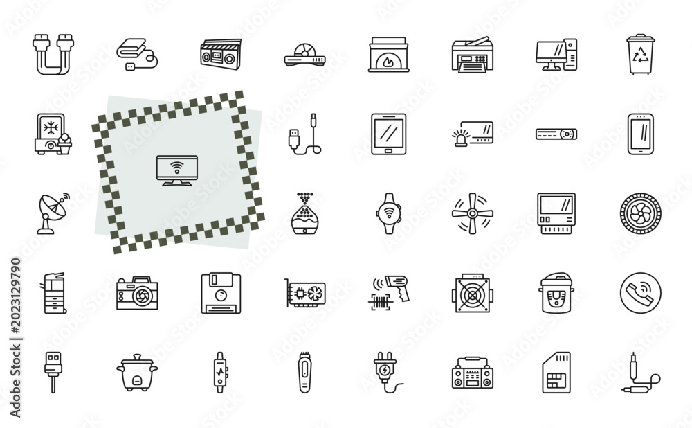Fototapeta premium outline electronic devices icons set - sata, electric blanket, ceiling fan, telephone. editable vector for web and mobile ui