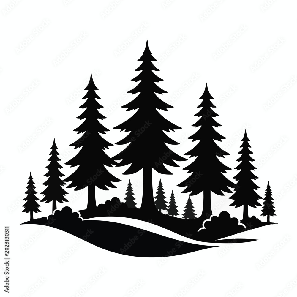 Obraz premium Pine tree forest, black silhouette landscape, nature scene, vector icons