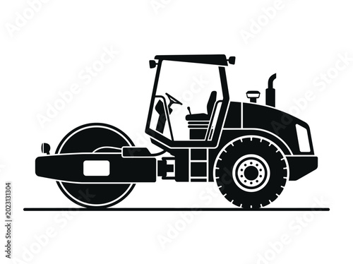 Fotografija Black and white silhouette illustration of a heavy road roller construction vehicle