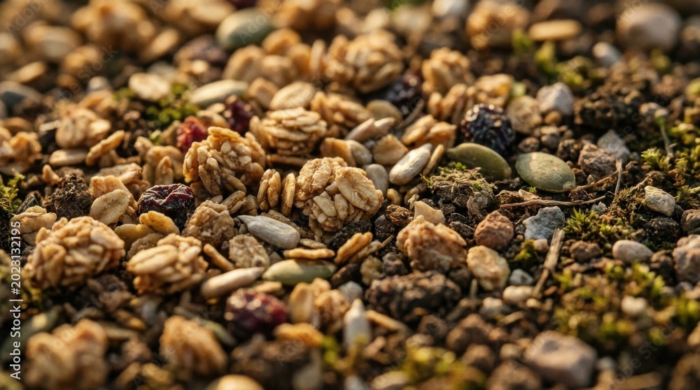 Fototapeta premium Close up texture of crunchy granola with seeds and nuts