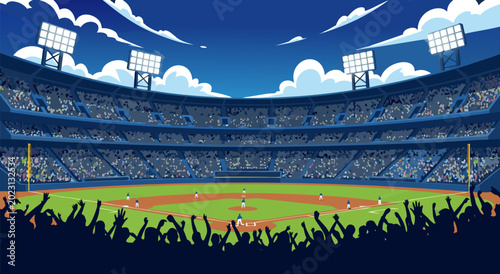 Foto Vector illustration of a baseball stadium filled with cheering fans, a full base