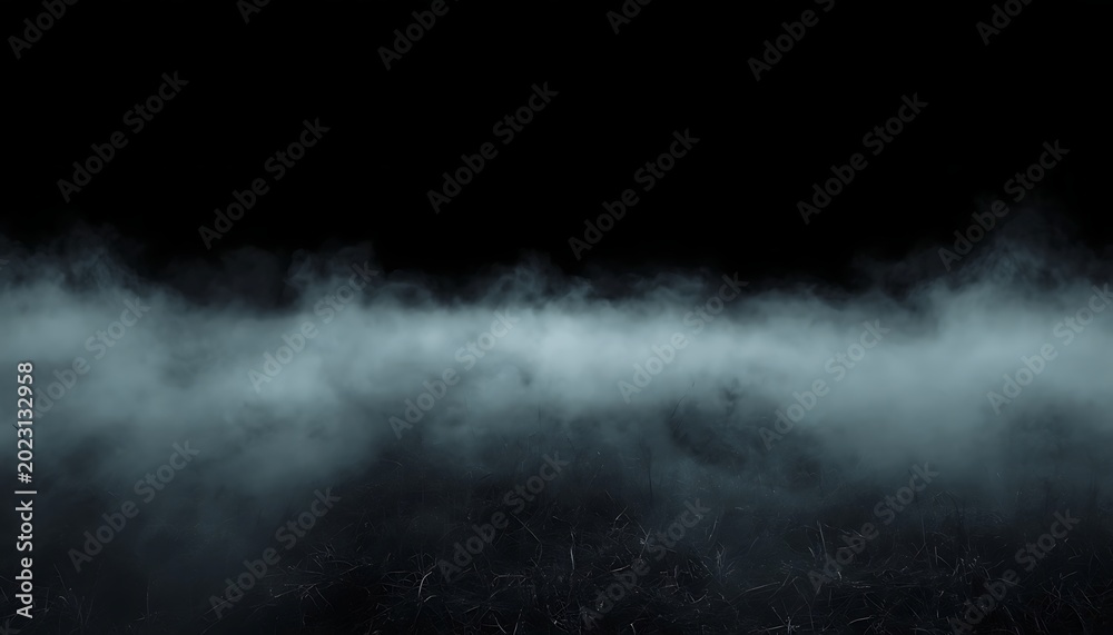 Fototapeta premium Cinematic Low Creeping Ground Fog Wide Horizontal Spread on Dark Background — Mist Fog Overlay Effect